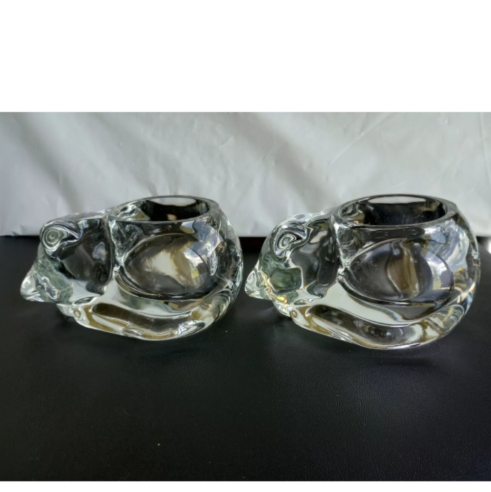 Set of 2 Indiana Glass Crystal Sleeping Kitty Cat Votive Candle Holder S…